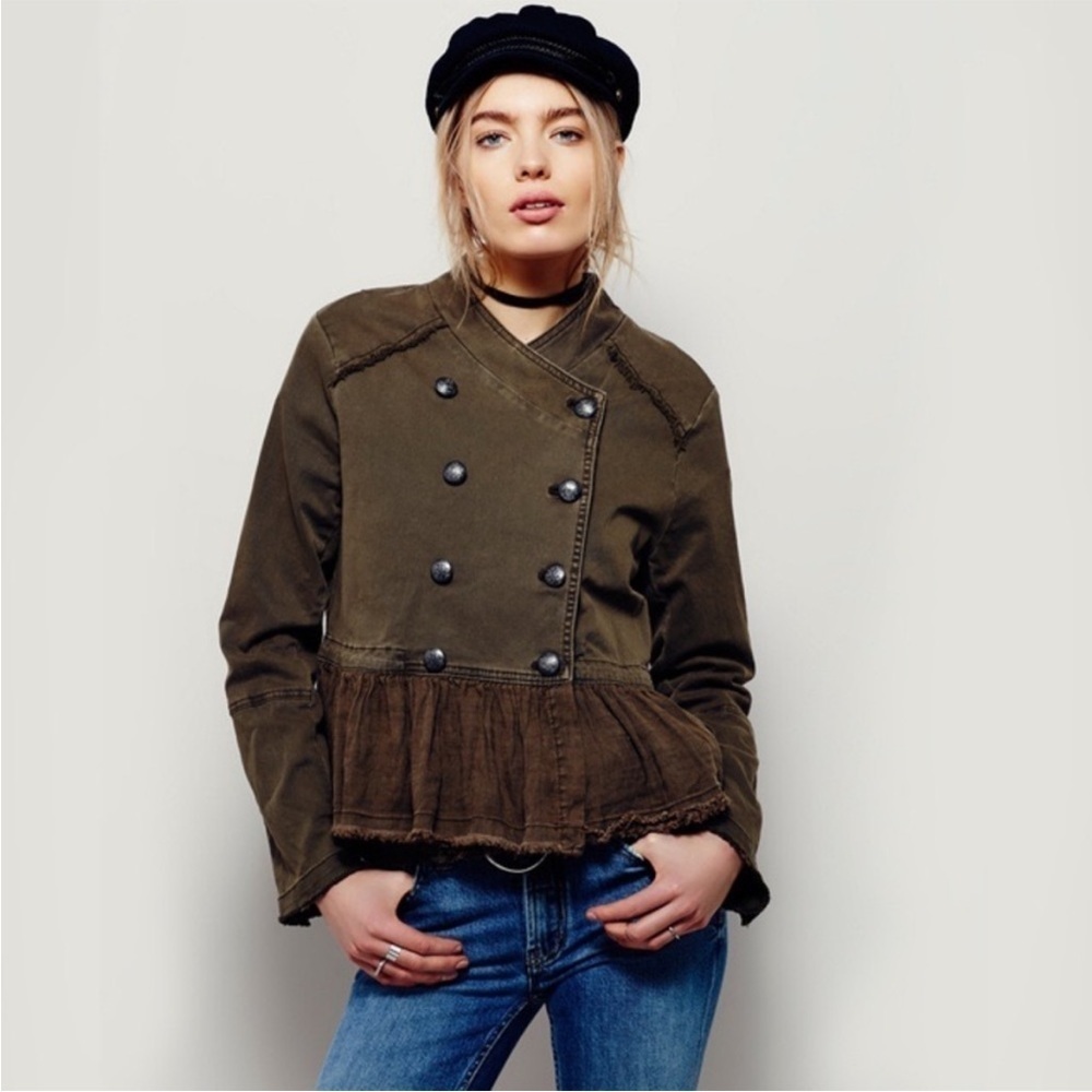 Free People Green Double Breasted Button Front Structured Peplum Military Jacket